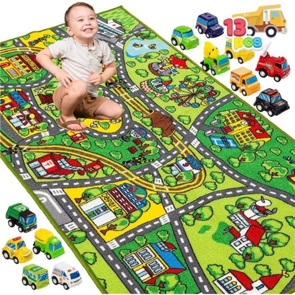 Carpet Playmat w/ 12 Cars Pull-Back Vehicle Set for Kids Age 3+, Jumbo Play Room - Picture 1 of 7